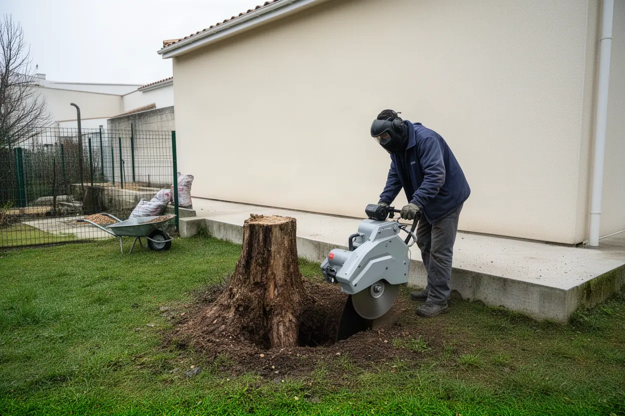 Rognage d'une souche dans un jardin de Périgny