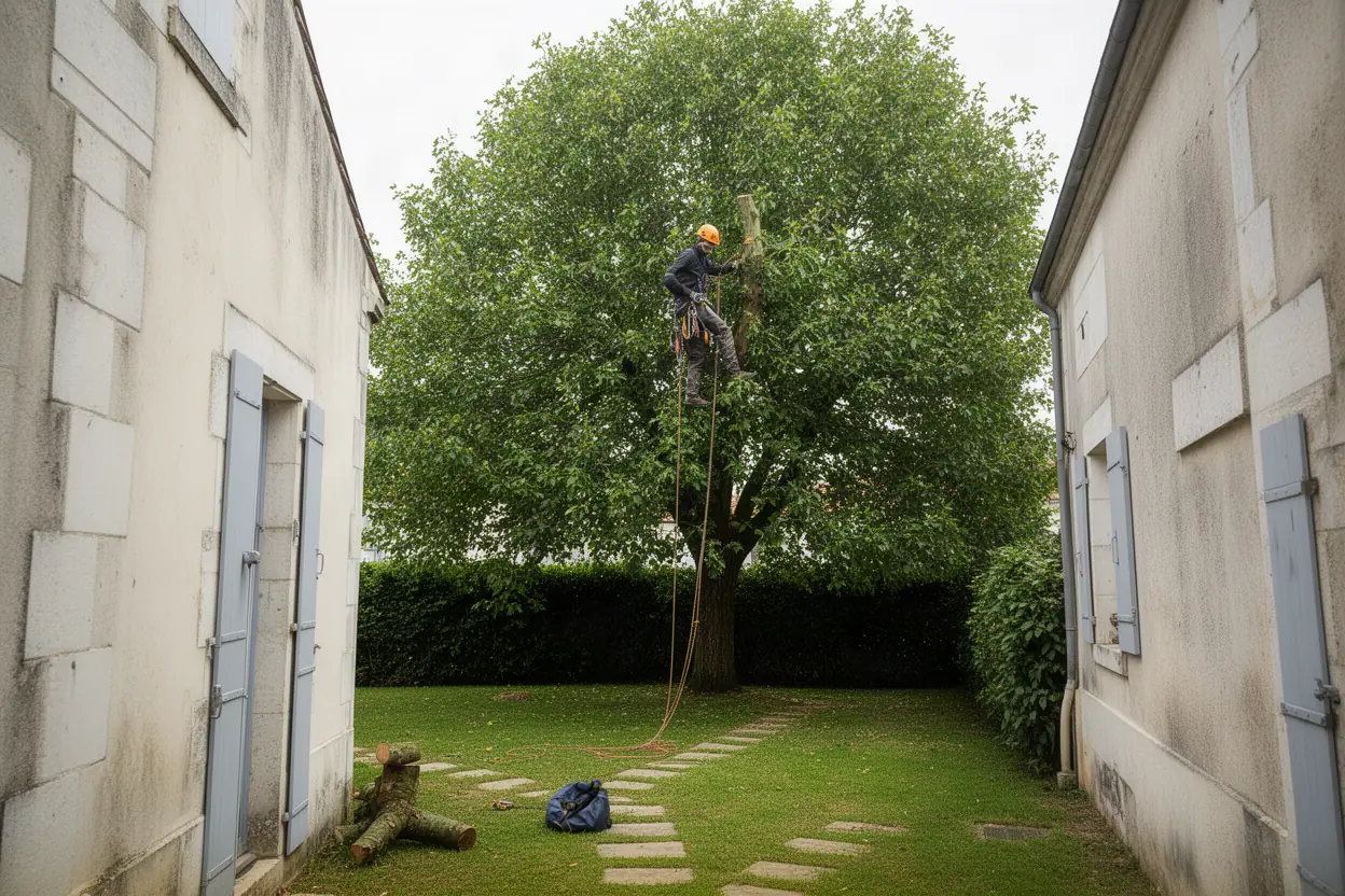 Élagueur grimpeur en intervention sur pin à Périgny